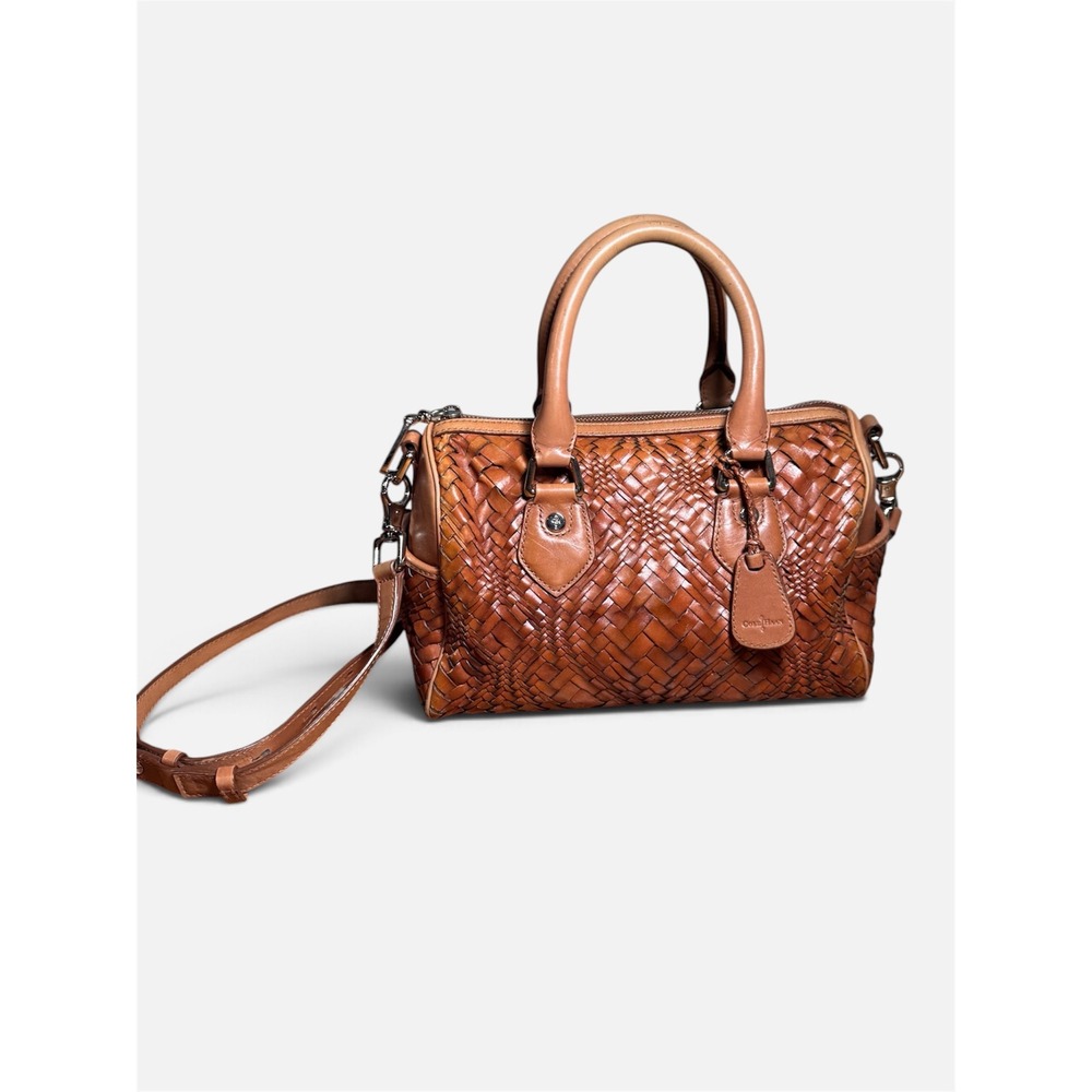 Cole Haan Brown Woven Leather Boston Bag Satchel Y2K Style crossbody strap